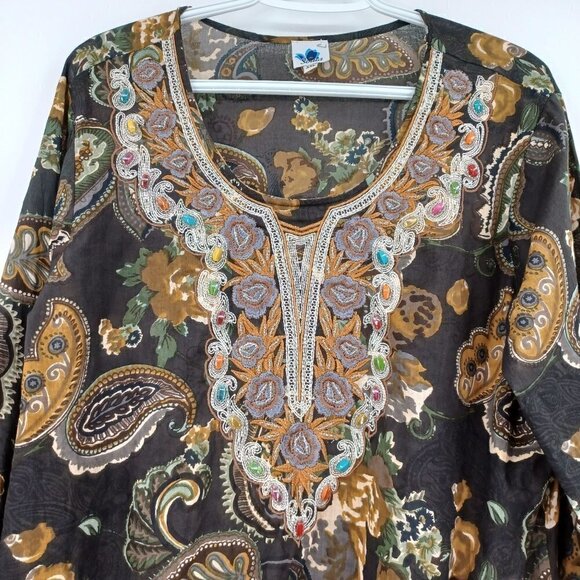 Soula Floral Paisley Embroidered Beaded Embellished Tunic Top Women's Artsy - Picture 3 of 10